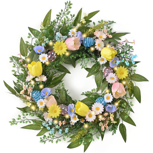 Valery Madelyn Collapsible Pastel Easter Egg Wreaths Decoration for Front Door with Light, Artificial Spring Floral Daisy Wreaths for Home Indoor Outdoor Window Wall Holiday Party Decor-24''