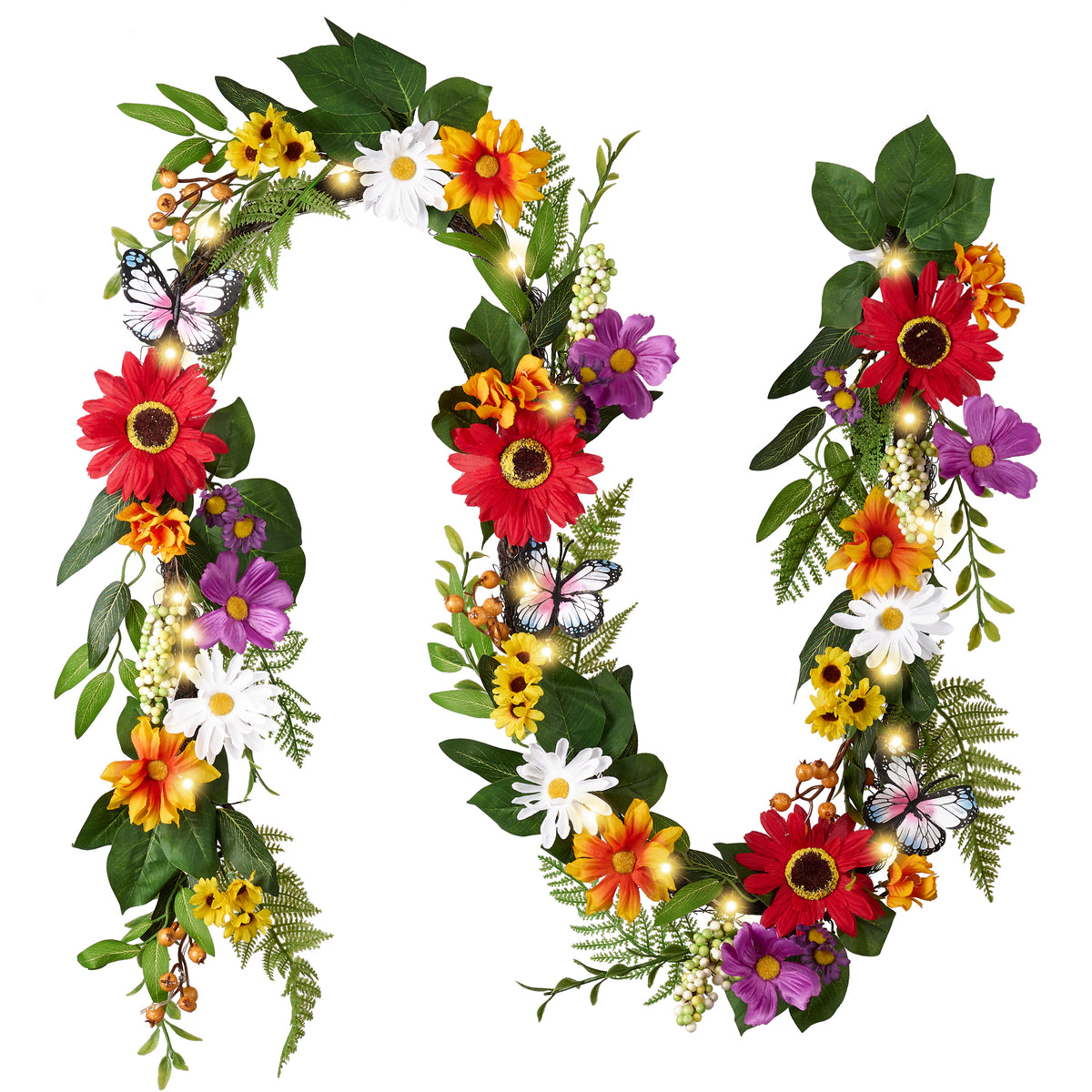 Valery Madelyn 6FT Spring Summer Garland with Lights for Mantle, Sunflower Garland with Daisy Leaves Butterfly for Home Table Centrepiece Stairs Wedding Party Decorations