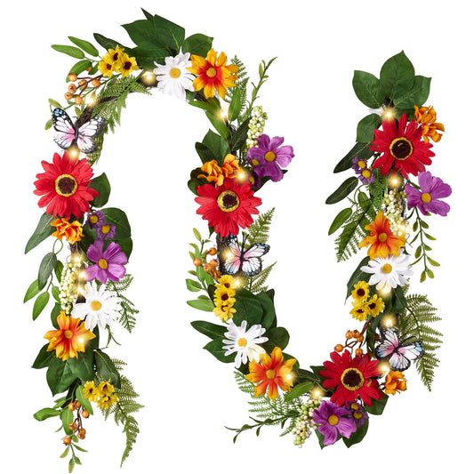 Valery Madelyn 6FT Spring Summer Garland with Lights for Mantle, Sunflower Garland with Daisy Leaves Butterfly for Home Table Centrepiece Stairs Wedding Party Decorations