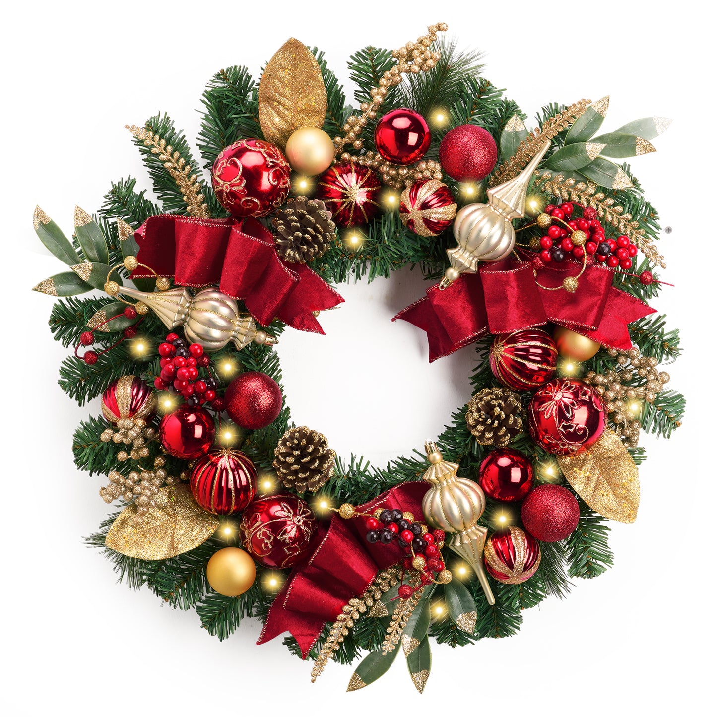Valery Madelyn 24'' Pre-Lit Christmas Wreath for Front Door with Light, Large Lighted Outdoor Christmas Wreath with Red Gold Xmas Balls for Home Porch Fireplace Window Holiday Party Wall Decor