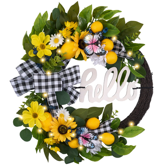 Valery Madelyn Pre-Lit Spring Lemon Wreath for Front Door with Lights, 24 Inch Lighted Farmhouse Summer Fruit Wreath with Hello Sign for Wall Kitchen Centerpiece Window Indoor Outdoor Home Decoration