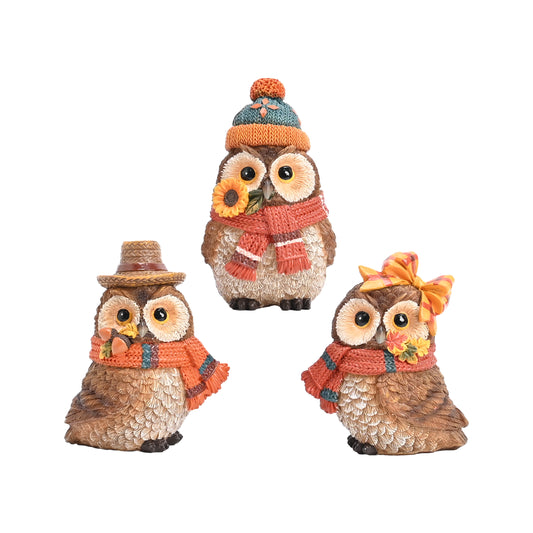 Valery Madelyn Fall Decorations for Home, 3 Pcs Fall Owl Decor for Table Indoor Outdoor, Resin Thanksgiving Birds Decor Sunflower Garden Figurines for Autumn Harvest Porch Tiered Tray, 3.4"