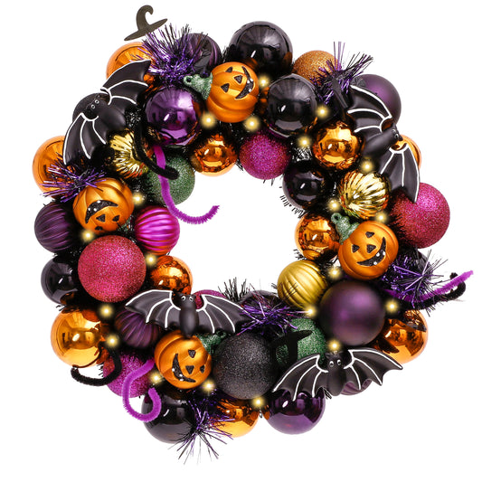 Valery Madelyn Halloween Ball Wreath for Front Door with Lights, 12 inch Pre-Lit Cute Treat-or-Trick Pumpkin Wreath Shatterproof Ball Ornament for Centerpiece Indoor Party Holiday Wall Home Decor