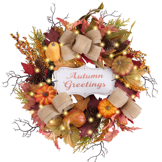 Valery Madelyn 24" Collapsible Fall Wreaths for Front Door, Artificial Autumn Wreath with LED Lights Artificial Pumpkins Burlap Bows for Fall Decor,Harvest Decorations for Home Wall Thanksgiving Decor