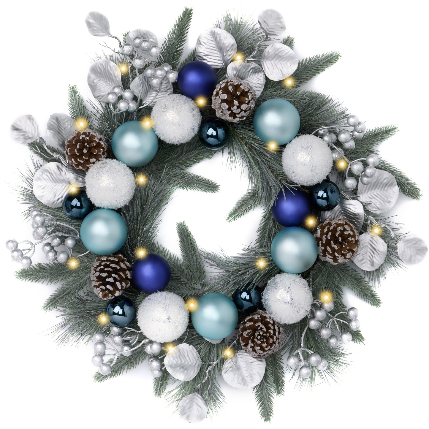 Valery Madelyn Pre-Lit Christmas Wreath for Front Door with Lights, 20 Inch Large Chritsmas Wreath with Pine Cone Berries Blue Xmas Balls for Fireplace Window Outdoor Table Centerpiece Decoration
