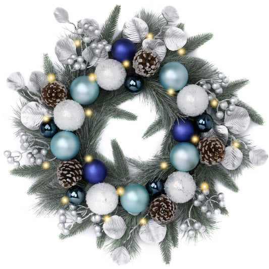 Valery Madelyn Pre-Lit Christmas Wreath for Front Door with Lights, 20 Inch Large Chritsmas Wreath with Pine Cone Berries Blue Xmas Balls for Fireplace Window Outdoor Table Centerpiece Decoration