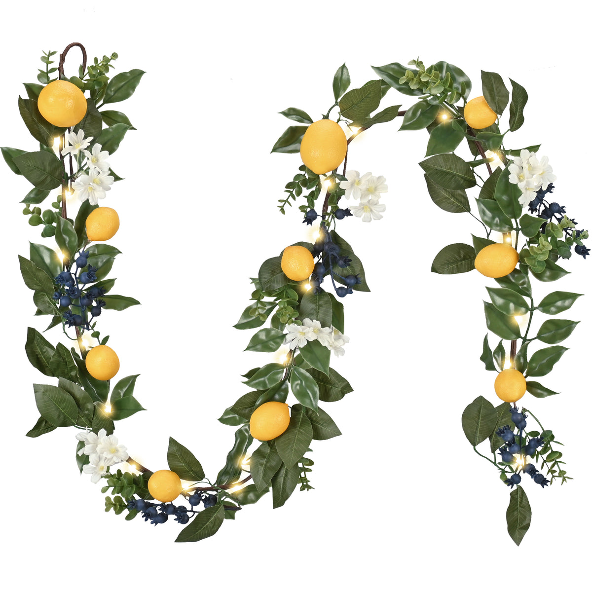 Valery Madelyn 6ft Pre-Lit Lemon Garland with Greenery, Thin Spring Summer Garland for Mantle with Lights, Artificial Fruit Vine for Stairs Fireplace Table, Farmhouse Kitchen Home Wall Party Decor