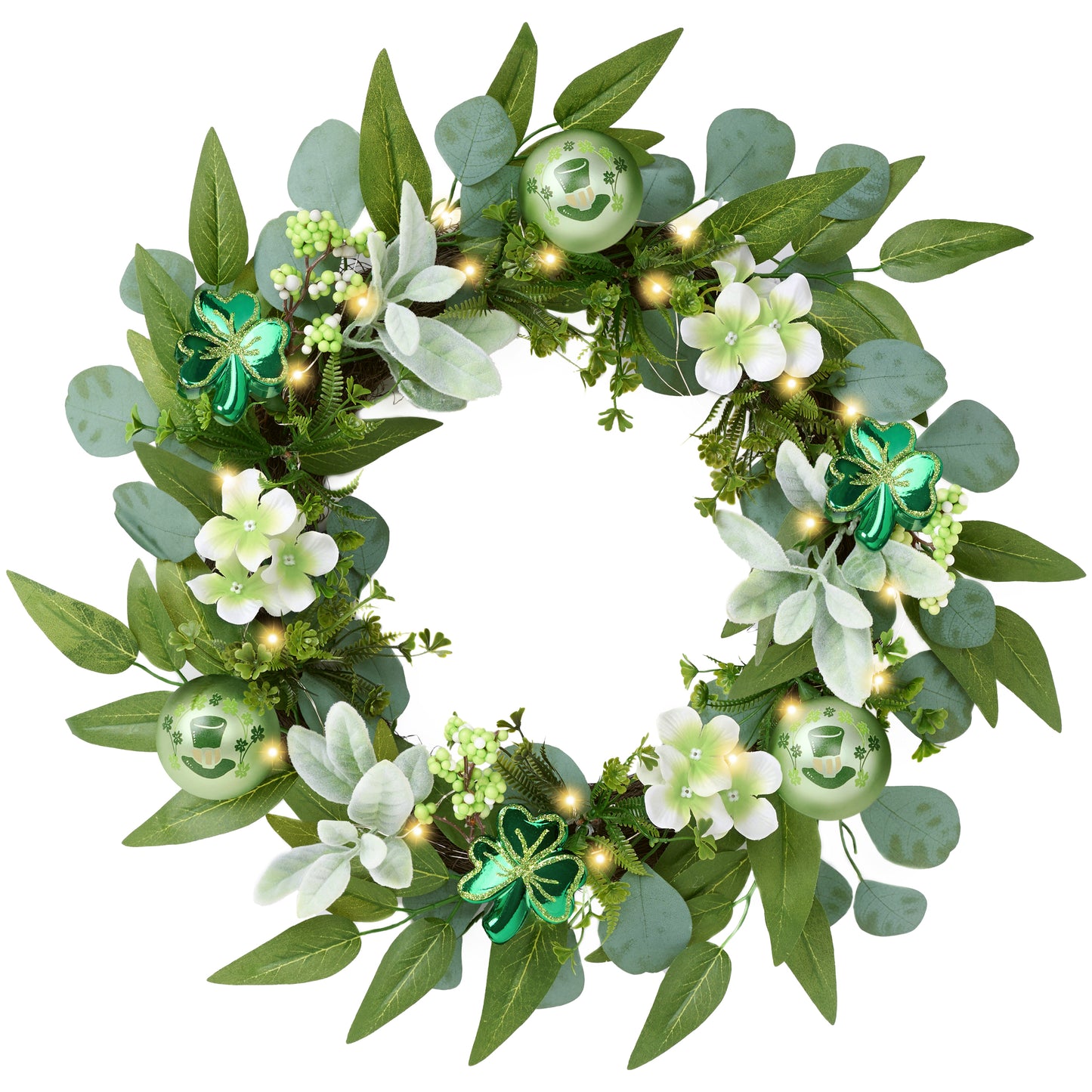 Valery Madelyn 24 Inch St. Patrick's Day Spring Wreaths for Front Door, Green and White Artificial Flowers Wreath with Clover for Home Porch Indoor