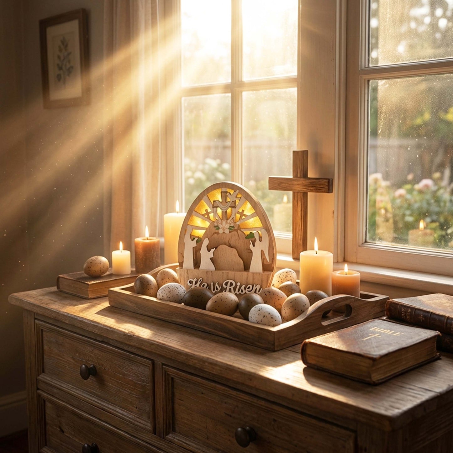 Valery Madelyn Easter Decorations, Empty Tomb Scene and Cross Decoration with LED Light, Wooden Christian Easter Decor Resurrection Scene for Home Livingroom Bedroom Office Table Shelf, 6.3 inch