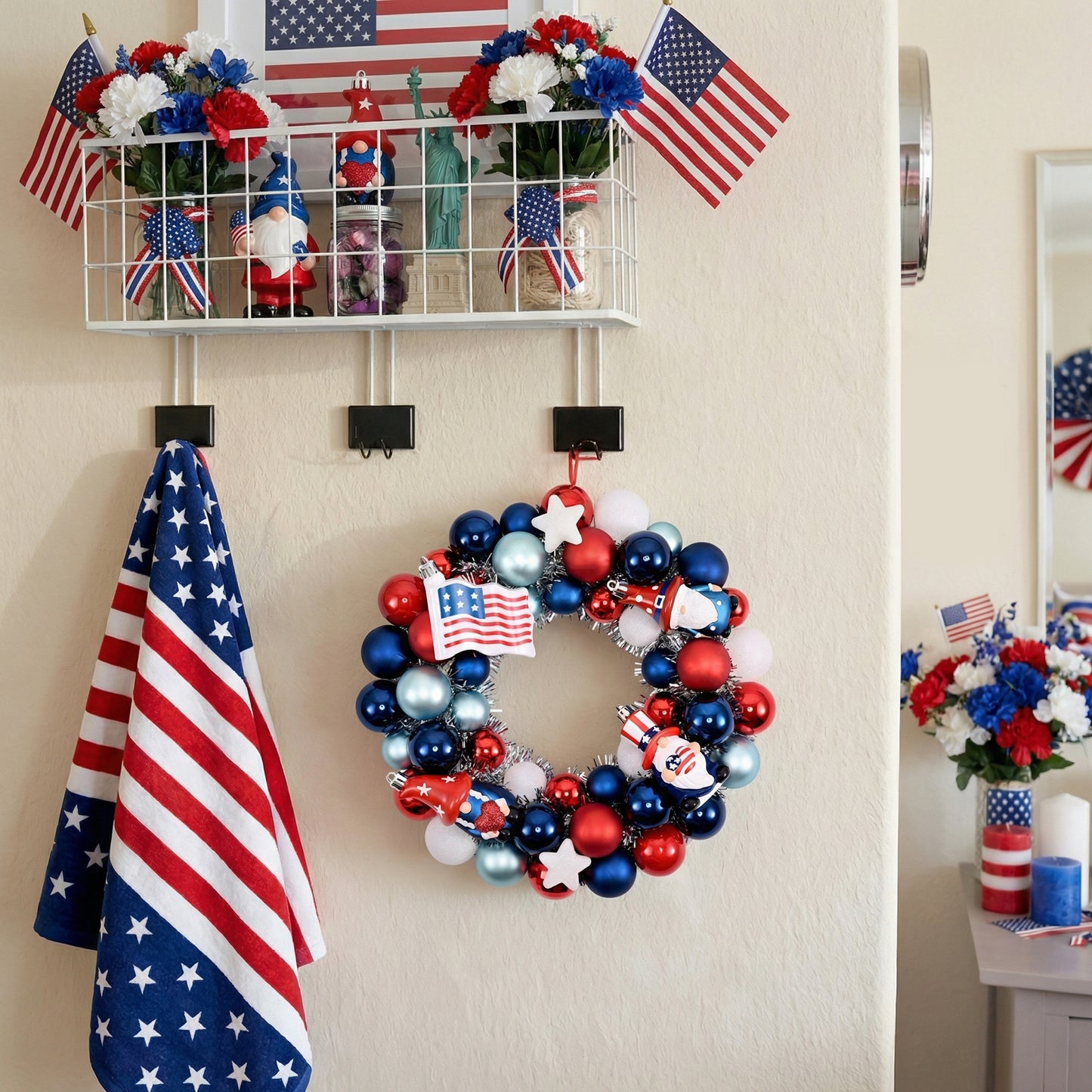Valery Madelyn 4th of July Ball Wreaths for Front Door,Red White Blue Patriotic Wreath with Lights, American Decorations for Memorial Day,13'