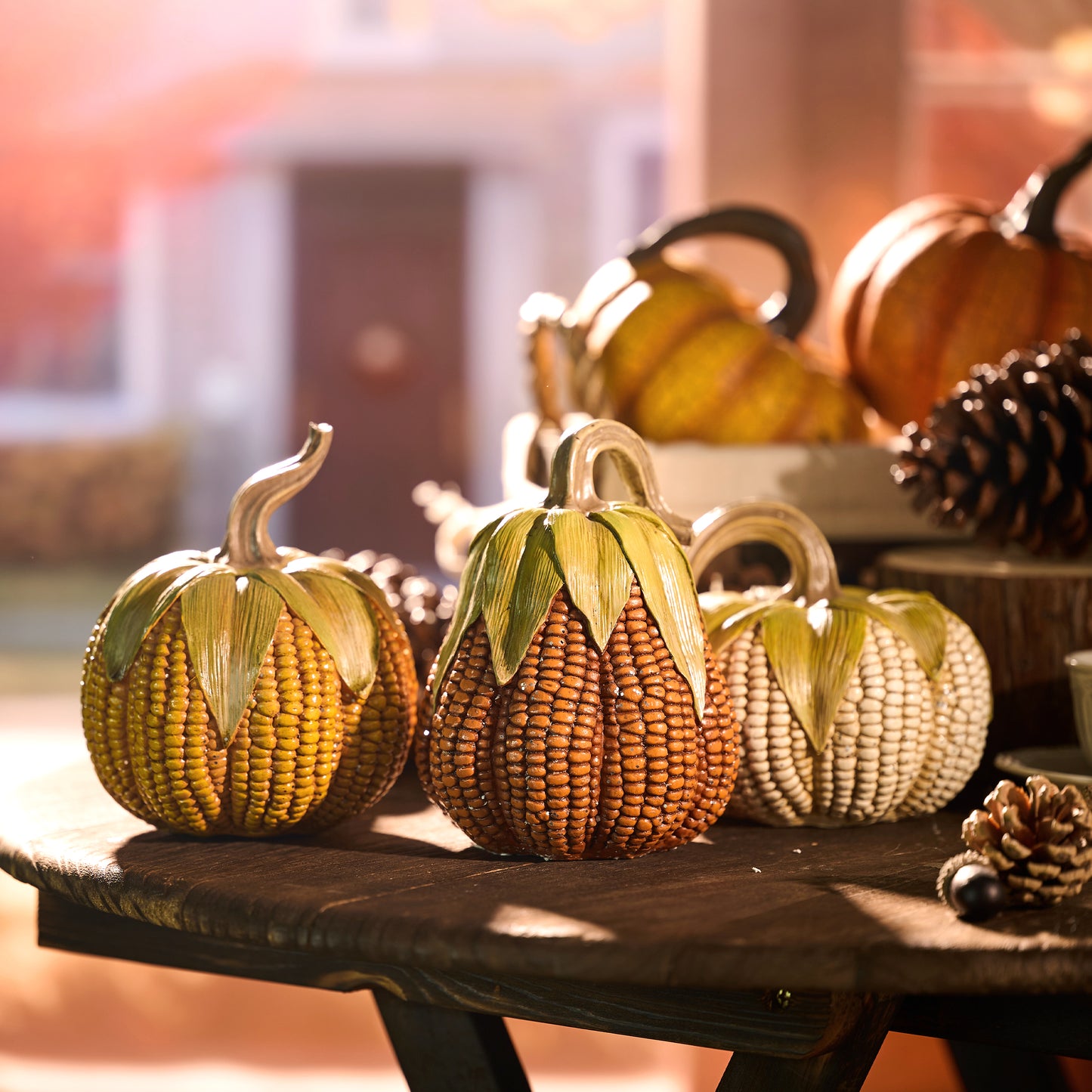 Valery Madelyn 3Pcs Fall Pumpkin Set, 6.3" Resin Artificial Corn Figurines for Table Centerpiece Thanksgiving Decor