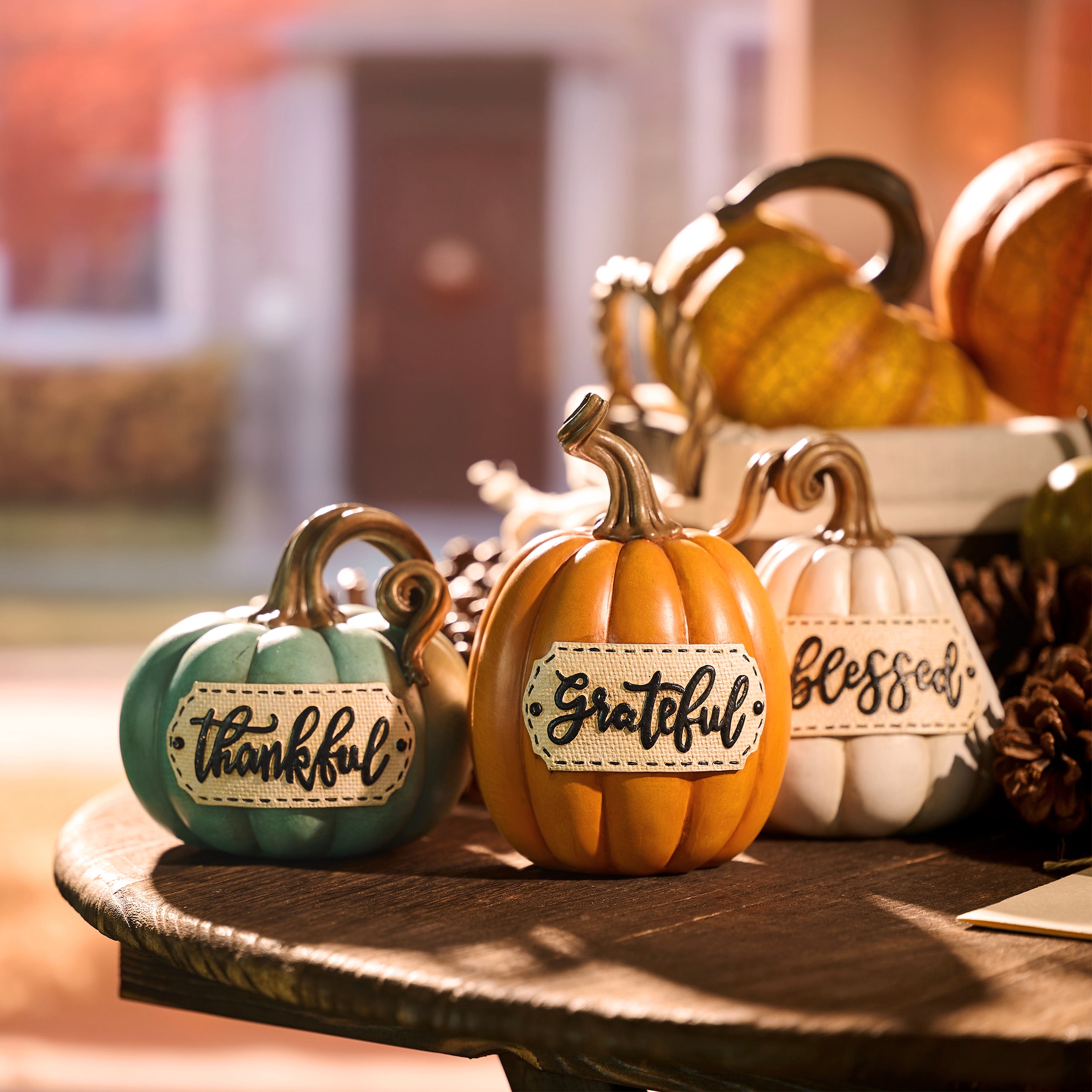 Valery Madelyn 3Pcs 6.3" Resin Thanksgiving Pumpkins, Harvest Tabletop Centerpiece for Dining Room Shelf