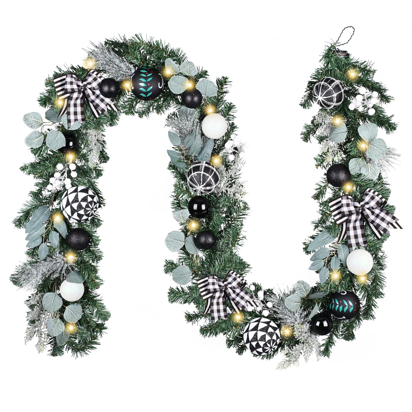 Valery Madelyn 9 Feet Pre-Lit Christmas Garland with Lights for Mantle, Lighted Outdoor Xmas Garland with Black White Balls & Bow for Home Stairs Fireplace Table Centerpiece Indoor Holiday Party Decor