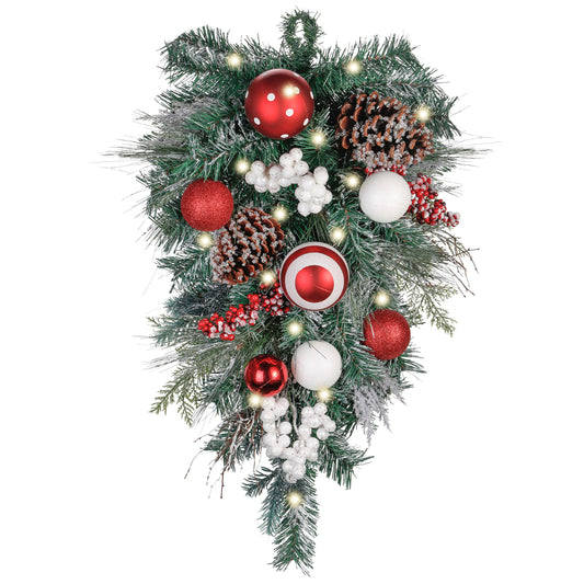 Valery Madelyn Pre-Lit Christmas Teardrop Swag for Decorating Outdoor, 24 Inch Red White Mailbox Swag Decoration with 20 LED Lights, Ball Ornament for Front Door Stairway Window Shelf Xmas Home Decor