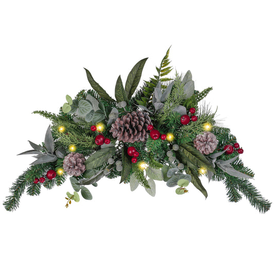 Valery Madelyn Pre-Lit Christmas Swag for Decorating Outdoor, 24 Inch Artificial Red Mailbox Swag Decoration Teardrop with 20 LED Lights, Ball Ornament for Front Door Stairway Window Shelf Xmas Decor