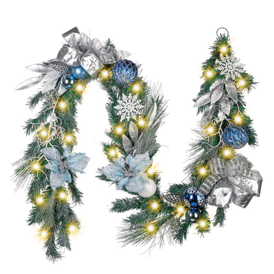 Valery Madelyn Pre-Lit Christmas Garland with Lights for Mantle, 6 feet Lighted Battery Operated Xmas Garland with Silver Light Blue Balls for Front Door Fireplace Table Centerpiece Outdoor Decor