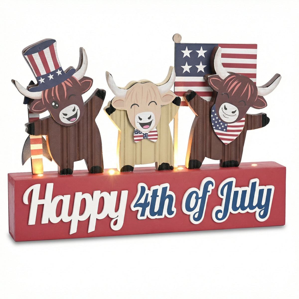 Valery Madelyn 4th of July Decorations with LED Light, Lighted Patriotic Highland Cow Decor, Wooden Americana Sign for Memorial Day Independence Day Labor Veteran Day Indoor, 8 inch
