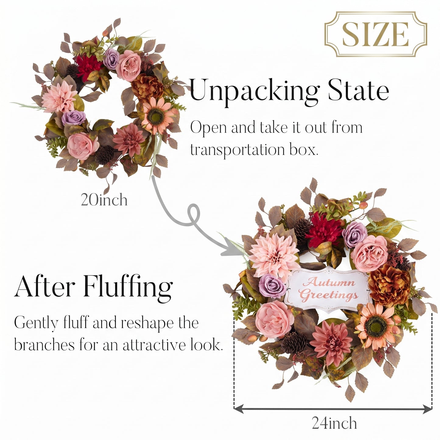 Valery Madelyn 24" Collapsible Fall Wreaths for Front Door with Decorative Plaque,Artificial Dahlia Rose Sunflower Wreath with LED Lights for Autumn Deocr,Harvest Decorations for Home Thanksgiving