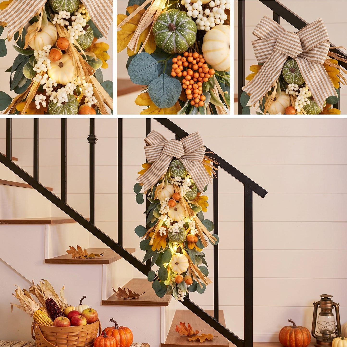 Valery Madelyn 24 inch Fall Pumpkin Teardrop Swag Autumn Harvest Door Hanger with Green & White Mini Pumpkins, Eucalyptus, Raffia, Berries and Striped Bow for Front Door Thanksgiving Table Centerpiece