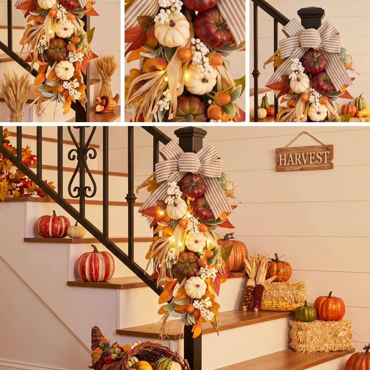 Valery Madelyn 24 inch Fall Pumpkin Teardrop Swag Autumn Harvest Door Hanger with Striped Bow, Mini Pumpkins, Eucalyptus, Raffia & Berry Sprays for Front Door, Mantel Thanksgiving Table Centerpiece