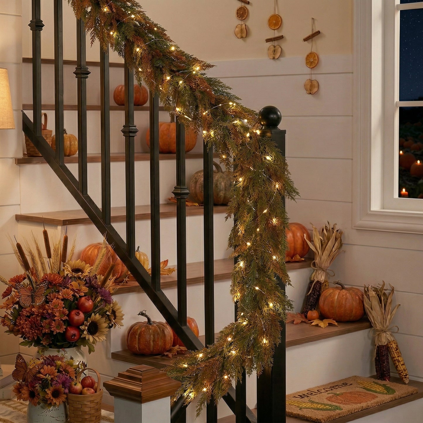 Valery Madelyn 9 Ft Artificial Norfolk Pine Garland for Mantle, Real Tough Fall Cedar Garland with Light, Lighted Autumn Pine Branches for Home Stairs Fireplace Table Indoor Outdoor Holiday Decor