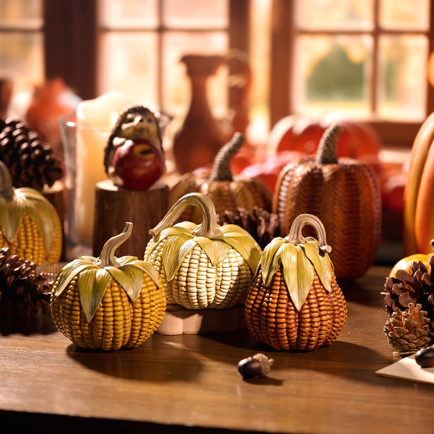 Valery Madelyn 3Pcs Fall Pumpkin Set, 5.1" Resin Corn Figurines for Table Centerpiece Thanksgiving Decor