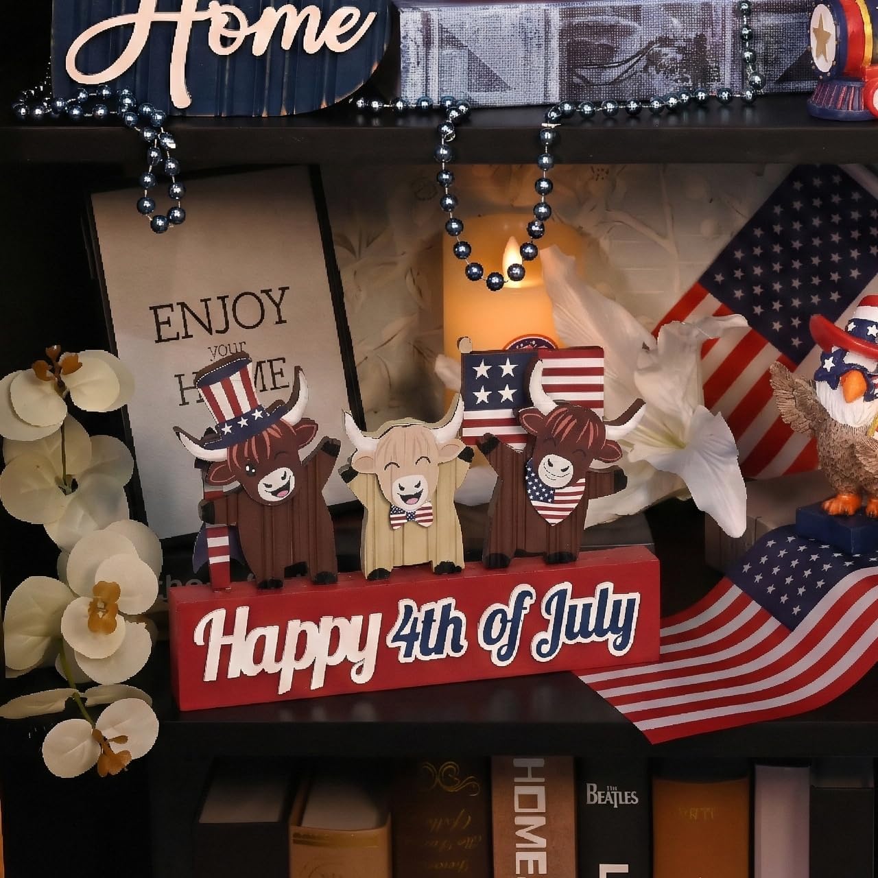Valery Madelyn 4th of July Decorations with LED Light, Lighted Patriotic Highland Cow Decor, Wooden Americana Sign for Memorial Day Independence Day Labor Veteran Day Indoor, 12 inch