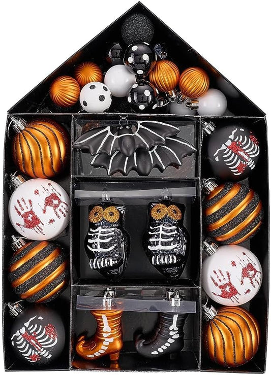 Valery Madelyn Halloween Ornaments Tree Decorations Indoor, 40ct Medium Variety Shatterproof Scary Skeletons Owl Bats Hanging Ball Ornaments Set for Small Tree, Spooky Holiday Party Home Decor