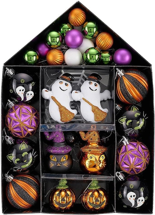 Valery Madelyn Halloween Ornaments Tree Decorations, 40ct Medium Shatterproof Ghost Cat Jack-o'-Lantern Pumpkin Hanging Ball Ornaments Set for Small Tree, Cute Holiday Party Indoor Home Decor