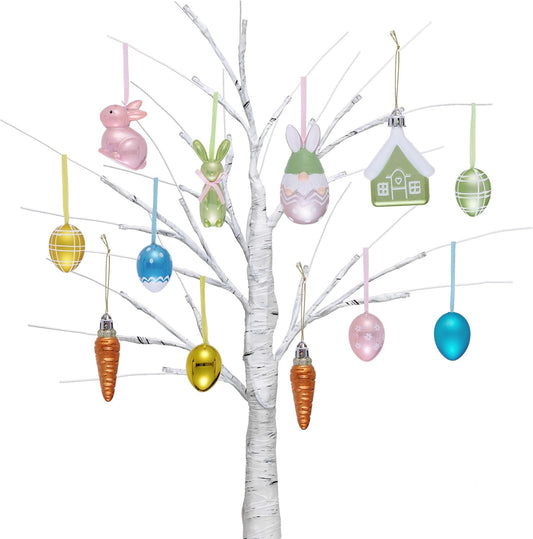 Valery Madelyn 12Pcs Assorted Shaped Easter Ornaments for Small Tree, Unique Variety Set with Bunny, Carrot, Gnome, House & Pastel Eggs, 1.6"-3.2" Shatterproof Hanging Figures for Spring Home Decor
