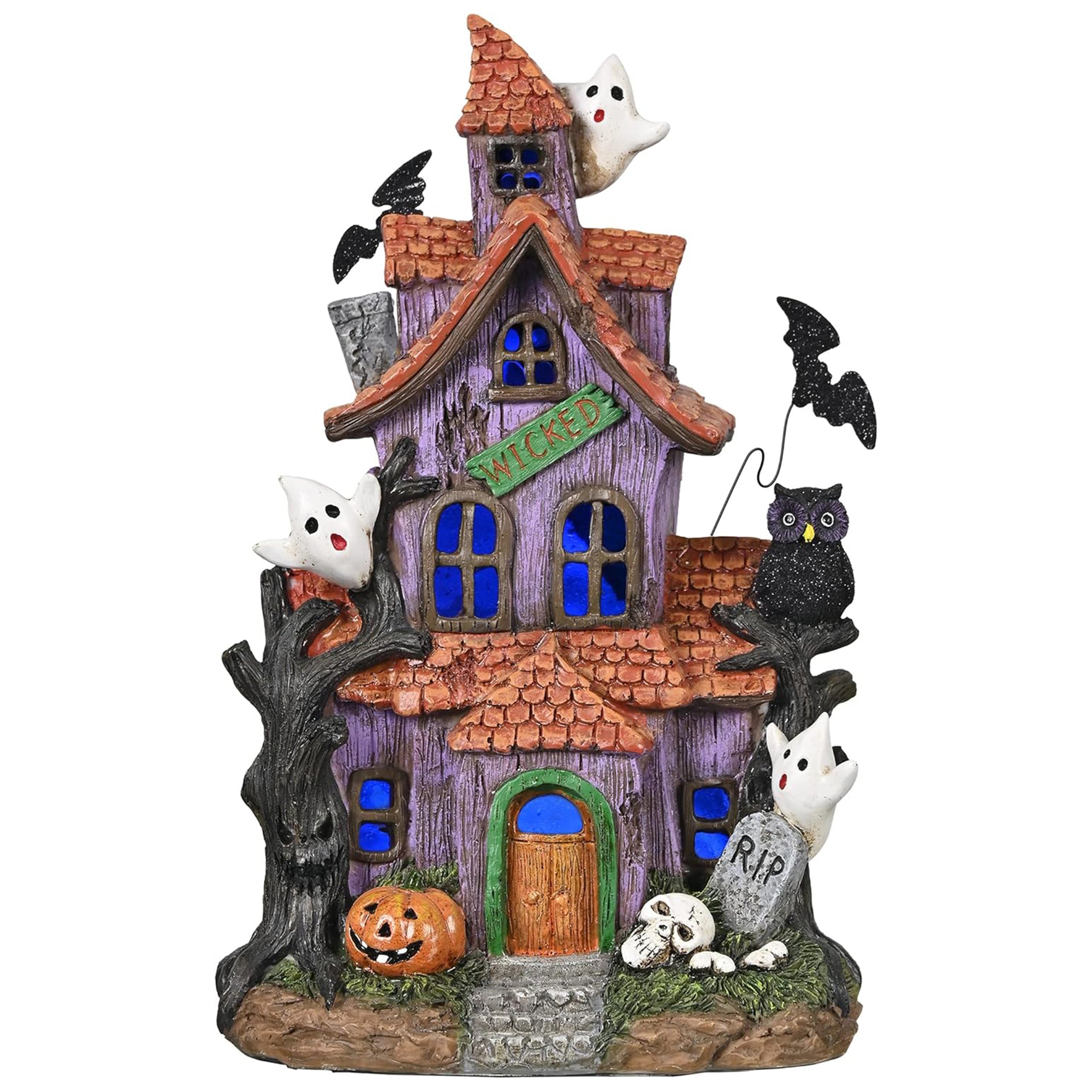 Valery Madelyn 9" Pre-Lit Haunted House Figurine, Resin Village Statue with Bat Ghost Pumpkin for Table Party Decor