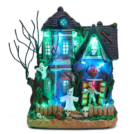 Valery Madelyn Halloween Village for Home Decor, Lighted Halloween Decoration with Music and Colorful Lights, Resin House Statue Mummy's Haunted House for Party Decor, 8 Inch