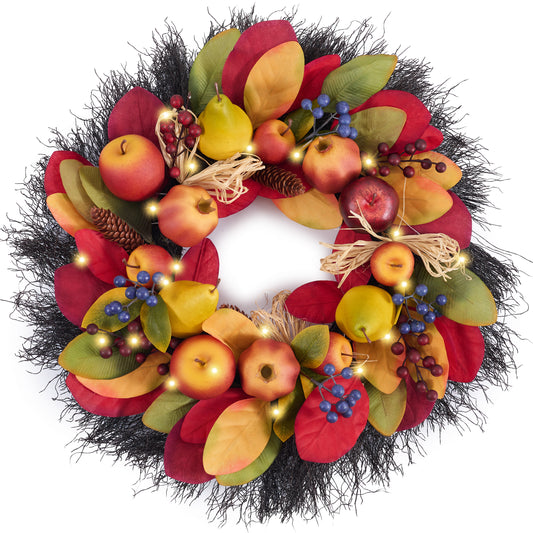 Valery Madelyn Fall Wreaths for Front Door Outside,24" Farmhouse Autumn Door Wreath with Lights pears,pomegranates apples,Outdoor Fall Decorations for Home Porch Thanksgiving Harvest Table Centerpiece