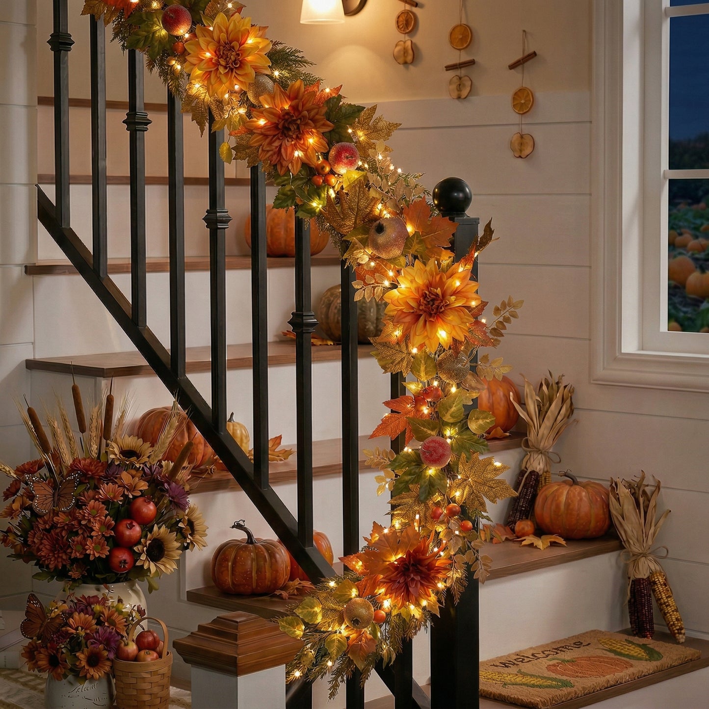 Valery Madelyn 6 Feet Artificial Pomegranate Fruits Garlands for Mantle,Fake Silk Dahlia Rose Autumn Garland with LED Lights for Fall Decor,Harvest Decorations for Home Fireplace Thanksgiving Decor