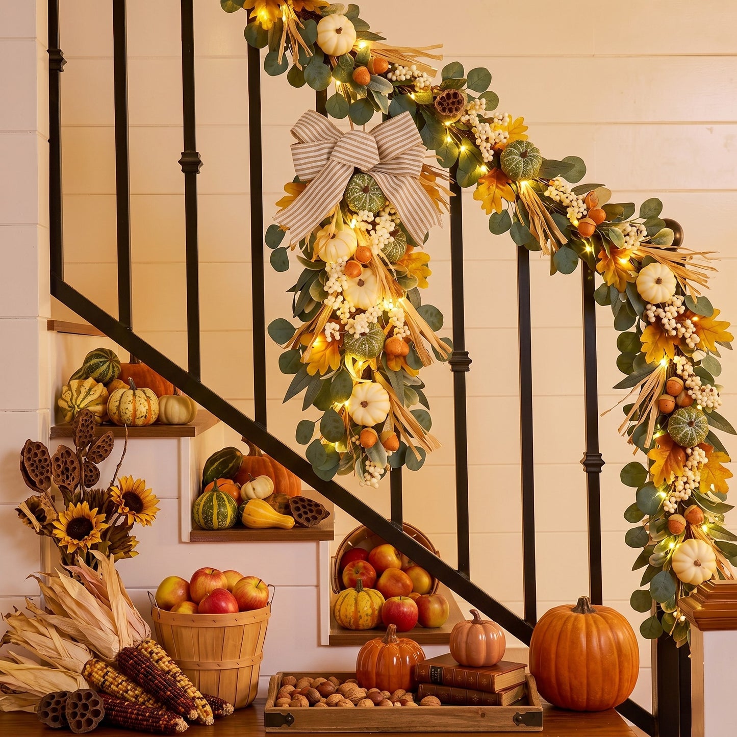 Valery Madelyn 24 inch Fall Pumpkin Teardrop Swag Autumn Harvest Door Hanger with Green & White Mini Pumpkins, Eucalyptus, Raffia, Berries and Striped Bow for Front Door Thanksgiving Table Centerpiece