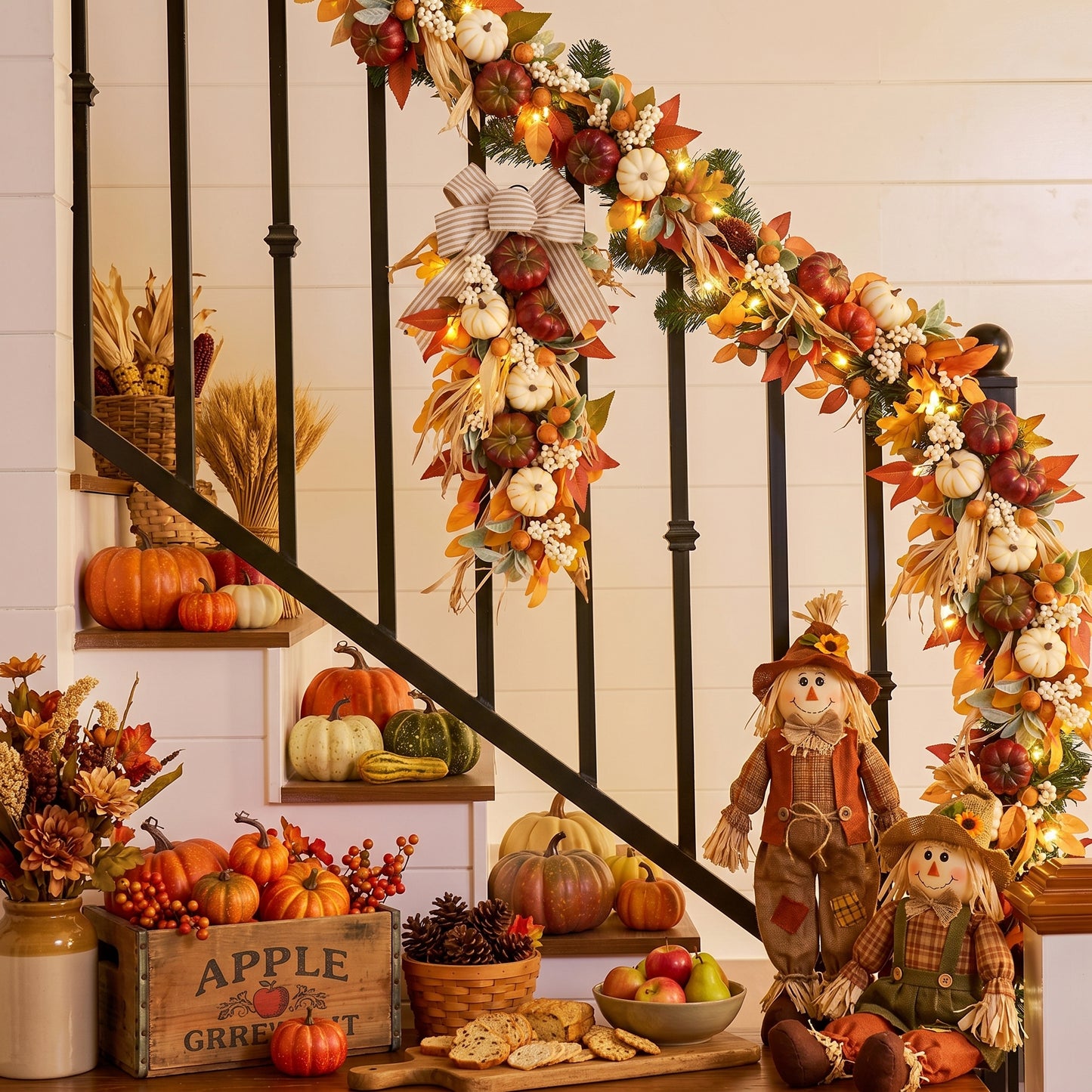 Valery Madelyn 24 inch Fall Pumpkin Teardrop Swag Autumn Harvest Door Hanger with Striped Bow, Mini Pumpkins, Eucalyptus, Raffia & Berry Sprays for Front Door, Mantel Thanksgiving Table Centerpiece