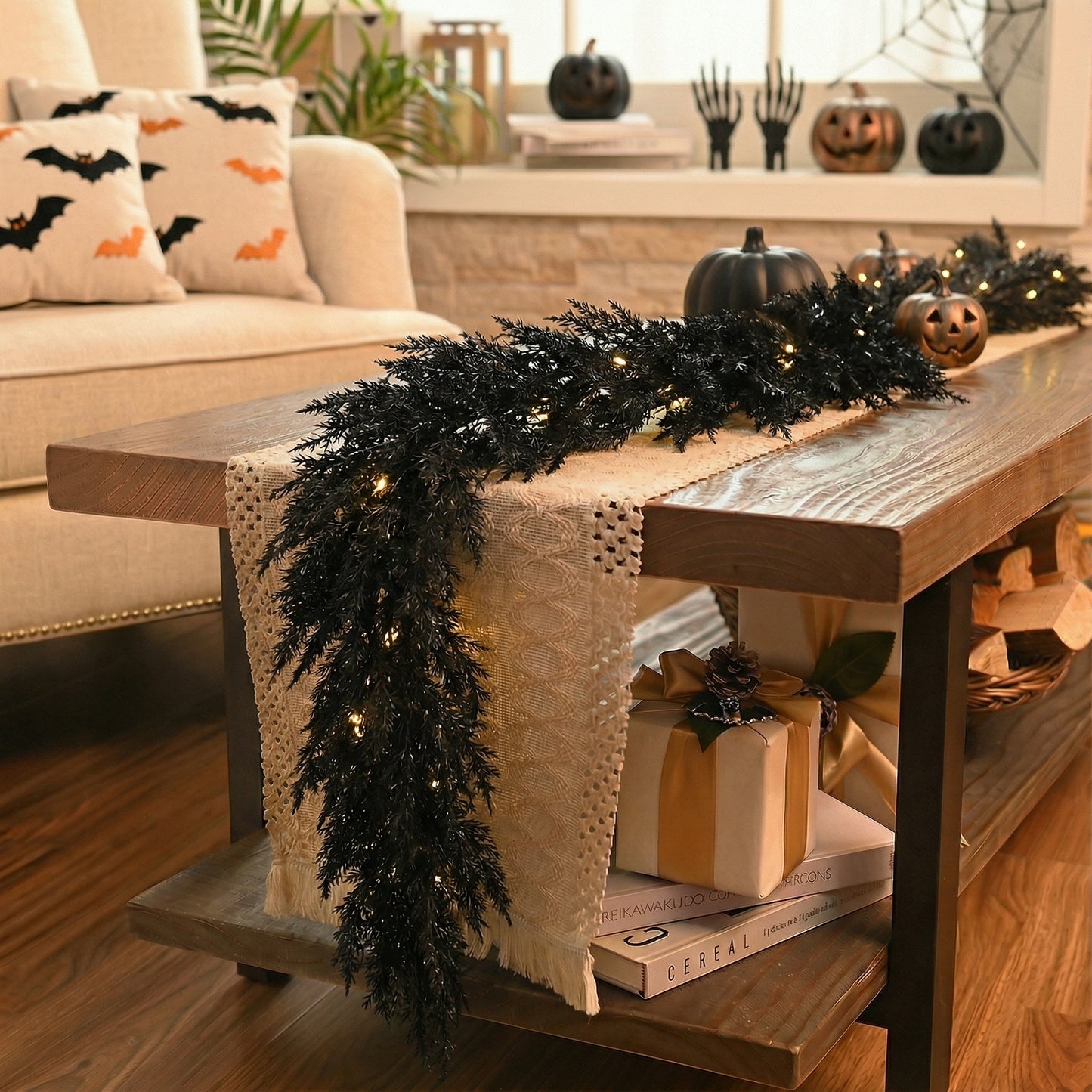Valery Madelyn 9 Ft Artificial Norfolk Pine Garland for Mantle, Real Tough Halloween Garland with Light, Lighted Winter Pine Branches for Home Stairs Fireplace Table Indoor Outdoor Holiday Decor