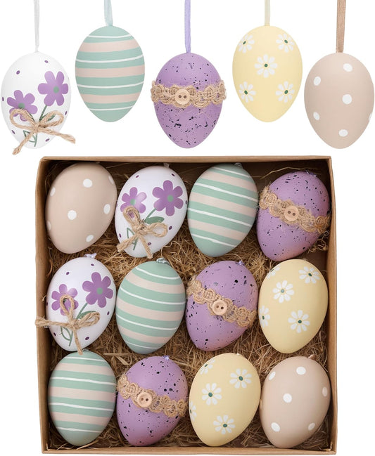 Valery Madelyn 12Pcs Plastic Easter Eggs Ornaments Tree Decoration, 2.36" Colorful Purple Yellow Easter Eggs Bulk, Shatterproof Decorative Hanging Decorations for Spring Holiday Party Decor