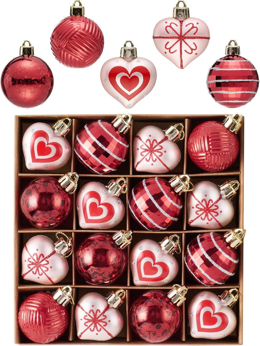 Valery Madelyn Pink Christmas Ornaments Set for Valentines Day Heart Tree Decorations, 16ct 1.96 Inches Pink Red and Silver Shatterproof Christmas Valentines Ball Ornaments Hanging Holiday Party Decor