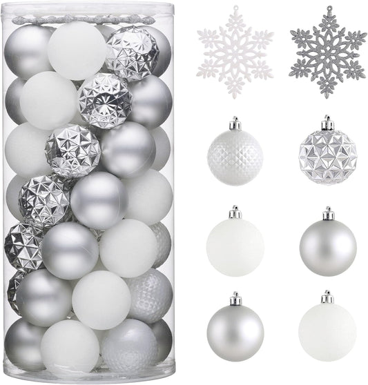 Valery Madelyn Christmas Tree Decorations Ornament Set for Fall Halloween, 50ct 2 Inches White and Silver Shatterproof Christmas Ball Ornaments Hanging Xmas Holiday Party Decor