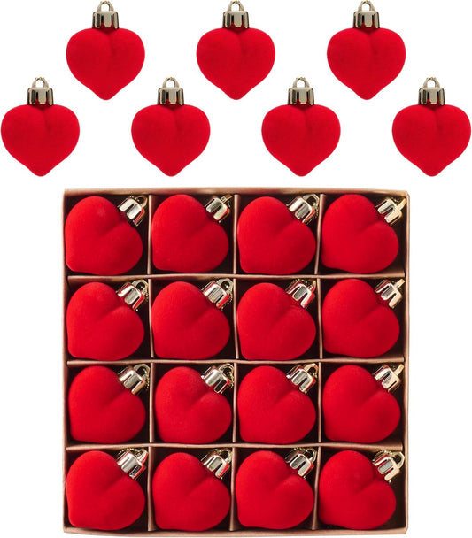 Valery Madelyn 1.57 Inches Small Red Christmas Heart Ornaments Set for Valentines Day Tree Decorations, 16ct Velvet Red Shatterproof Christmas Valentines Hanging Ball Decor