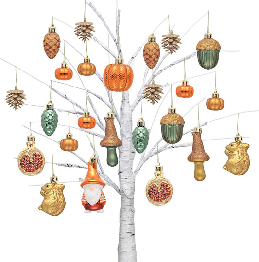 Valery Madelyn Fall Tree Ornaments for Home, 24ct Shatterproof Fall Decorations for Small Tree, Orange Green Hanging Gnome Ball for Harvest Halloween Thanksgiving Autumn