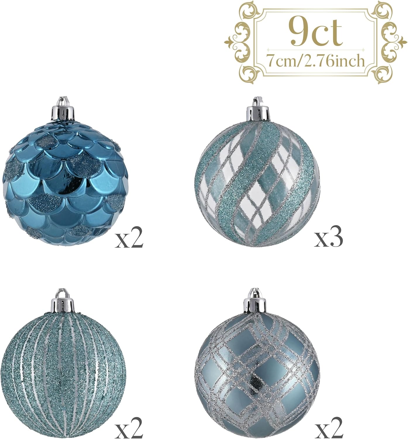 Valery Madelyn Christmas Ornaments Tree Decorations Set, 9ct Light Blue and Silver Shatterproof Christmas Balls Bulk, 2.76 Inches Summer Beach Coastal Ocean Nautical Marine Hanging Xmas Holiday Decor
