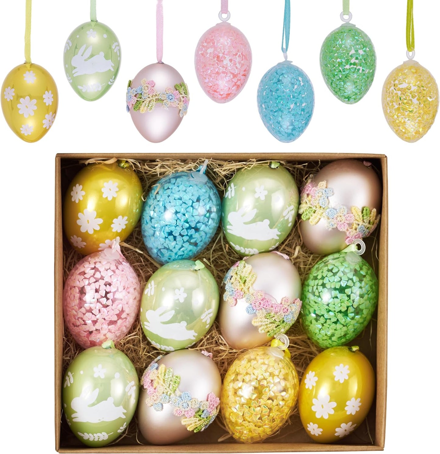 Valery Madelyn 12Pcs Plastic Easter Eggs Ornaments Tree Decoration, 2" Pastel Pink Green Easter Eggs Bulk, Shatterproof Decorative Hanging Decorations for Spring Holiday Party Decor