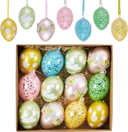 Valery Madelyn 12Pcs Plastic Easter Eggs Ornaments Tree Decoration, 2" Pastel Pink Green Easter Eggs Bulk, Shatterproof Decorative Hanging Decorations for Spring Holiday Party Decor