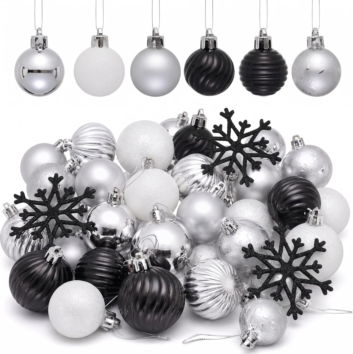 Valery Madelyn 36ct Mini Christmas Ball Ornaments Tree Decorations Set 1.18" Black and White Shatterproof Hanging Ornaments Bulk for Halloween Xmas Holiday Party Decor