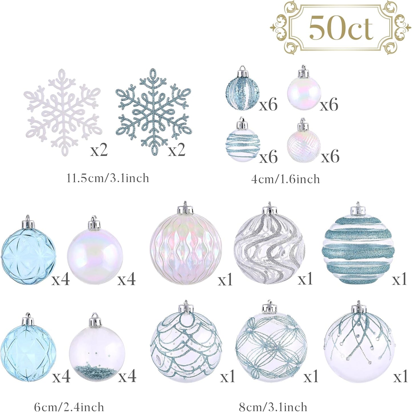 Valery Madelyn Christmas Tree Ornaments Set, 50ct Light Blue Silver Shatterproof Christmas Decorations, Transparent Clear Summer Beach Coastal Ocean Nautical Marine Hanging Balls Xmas Holiday Decor