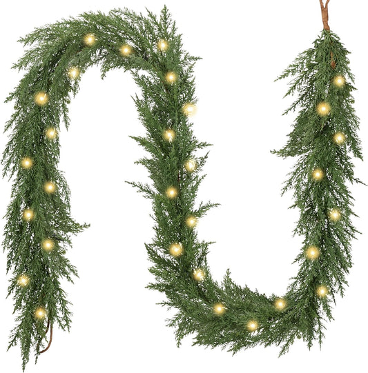 Valery Madelyn 9 Ft Artificial Norfolk Pine Garland for Mantle, Real Tough Christmas Cedar Garland with Light, Lighted Winter Pine Branches for Home Stairs Fireplace Table Indoor Outdoor Holiday Decor