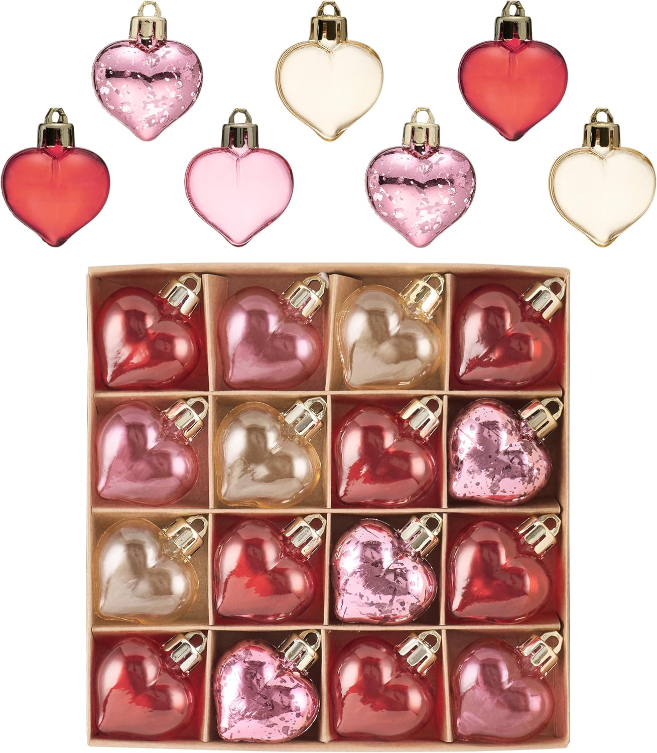 Valery Madelyn Pink Christmas Heart Ornaments Set for Valentines Day Tree Decorations, 16ct 1.57 Inches Clear Transparent Pink Red Gold Shatterproof Christmas Valentines Hanging Ball Ornaments Decor