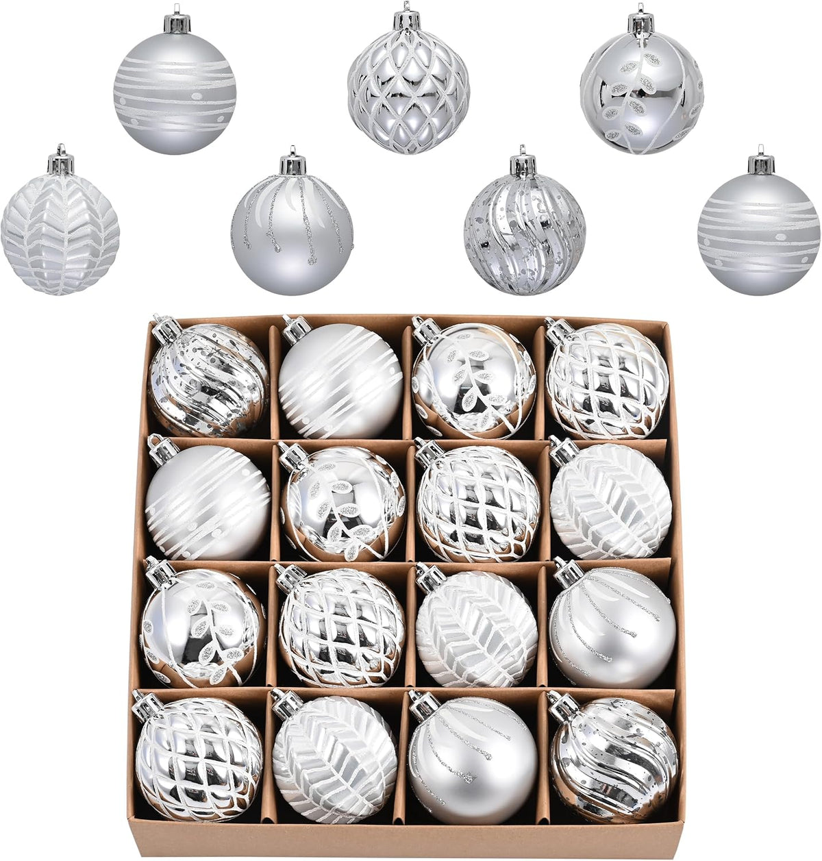 Valery Madelyn 16ct Christmas Tree Decorations Ball Ornaments 2.36 Inches White and Silver Shatterproof Christmas Tree Decorations Bulk, Elegant Hanging Ball Ornaments for Xmas Trees Decor